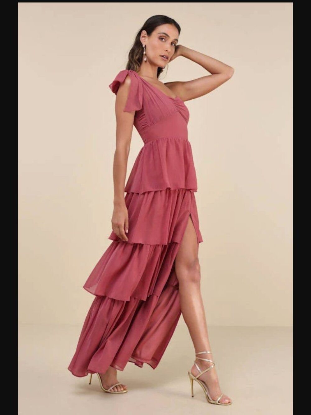 Lulu's Elevated Vision One-Shoulder Tiered Maxi Dress in Dusty Rose - Picture 2 of 8